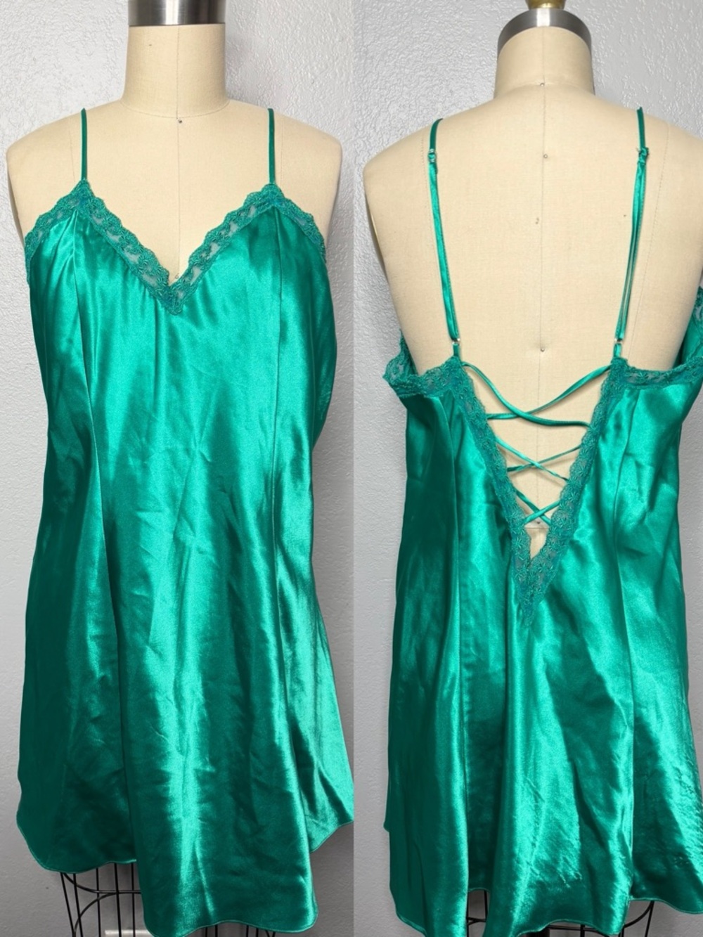 Silky Lace-Trim Slip Dress in Teal Sz M